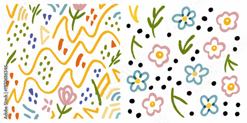 Colorful abstract floral pattern with wavy lines and scattered dots