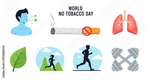 World No Tobacco Day infographic with human lungs runners dumbbells a leaf and a crossedout cigarette
