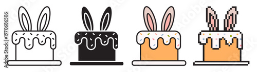 Vector collection of Easter paska cake with rabbit ears. Includes outline with editable stroke, solid black, flat color, and pixel art versions on a white background.