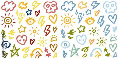 Colorful doodle pattern featuring hearts stars skulls and lightning bolts