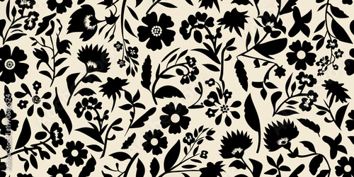 Seamless floral pattern with black silhouettes of various blooms and leaves