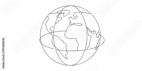 Abstract line drawing depicts a world globe within a cylindrical form