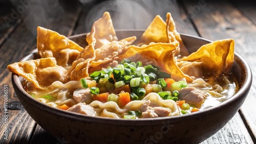 A steaming bowl of savory noodle soup with tender meat, crisp vegetables and golden fried wonton crackers, presented on a rustic wooden surface