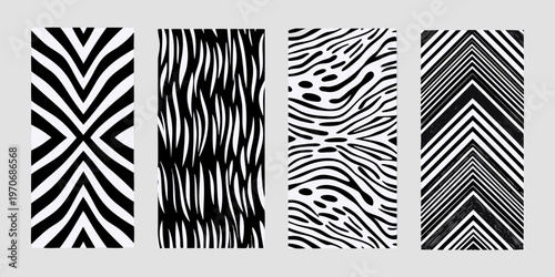 Four black and white patterned rectangles arranged in a horizontal row