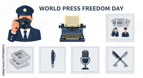 World Press Freedom Day set featuring a photographer typewriter microphone pens and stacks of newspapers