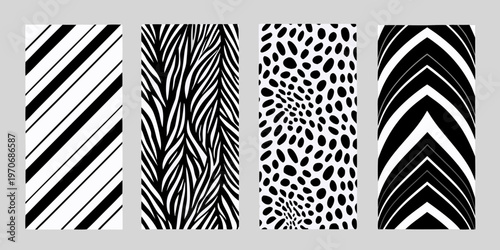 Four black and white abstract patterns arranged in a vertical composition