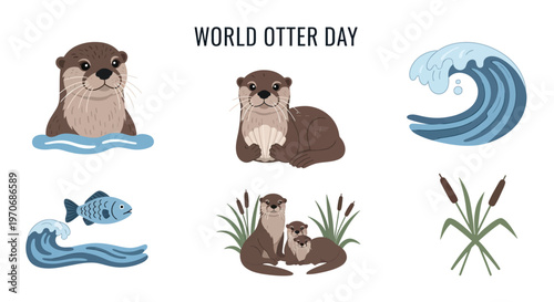 World Otter Day vector illustration set featuring cute otters waves fish and reeds on a white background