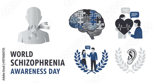 World Schizophrenia Awareness Day graphic with brain puzzle people icons ear and awareness ribbon illustrations