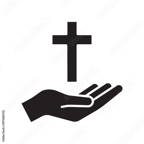 Vector solid glyph icon of a human hand with a christian cross. Concept of religious faith, blessing, and easter holiday celebration.