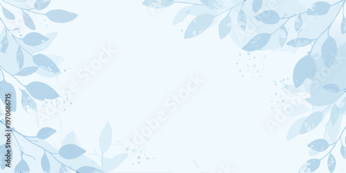 Delicate blue leaves frame a light airy background with watercolor texture