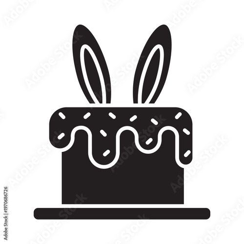 A solid black vector icon of an Easter kulich cake with glaze and sprinkles, topped with two large bunny ears, sitting on a flat plate.