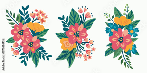 Three colorful floral bouquets arranged in a vintage illustrative style