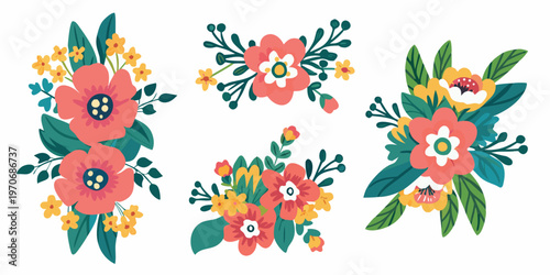 Collection of colorful floral arrangements and botanical illustrations in vector style