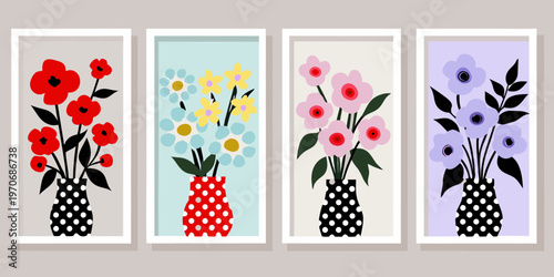Four framed floral arrangements in red yellow pink and purple hues