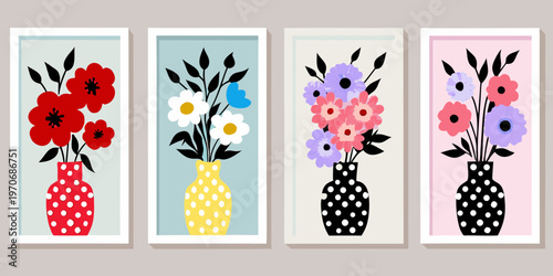 Four colorful floral arrangements in vases a modern botanical wall display