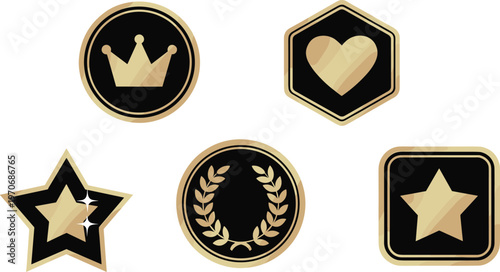 Luxury gold and black award badge set with crown star heart and laurel wreath icons for game achievements and premium ranking]