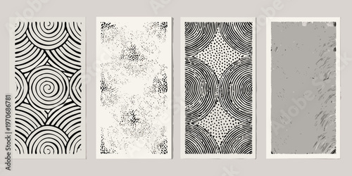 Four abstract framed prints with varying black and white textural designs