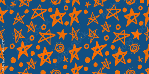 Bright orange stars and swirls cover a deep blue background