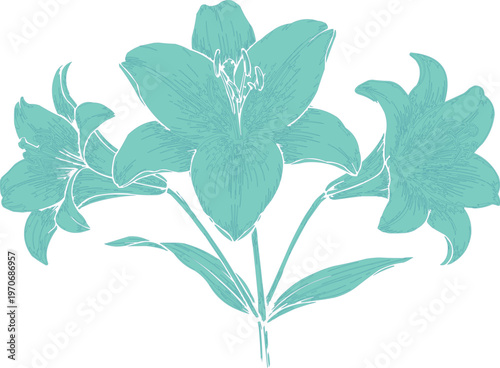 Seamless nature pattern design featuring a vector illustration of an abstract blue lily flower with spring leaves and floral ornaments for a decorative summer wallpaper blossom drawing