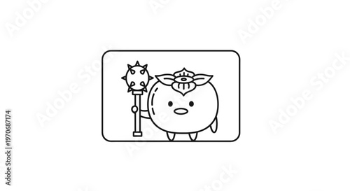Cute Persimmon Character Holding a Spiked Mace - Vector Outline Illustration