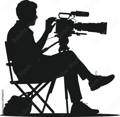 Silhouette of a professional cameraman sitting on a chair operating a cinema camera for cad drawing flat vector illustration designSilhouette of a professiona