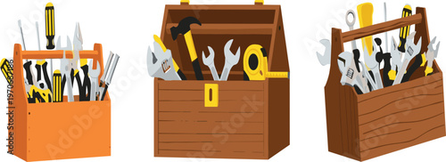 Set of Toolboxes Filled with Various Tools for DIY, Construction, and Home Repair Illustrations