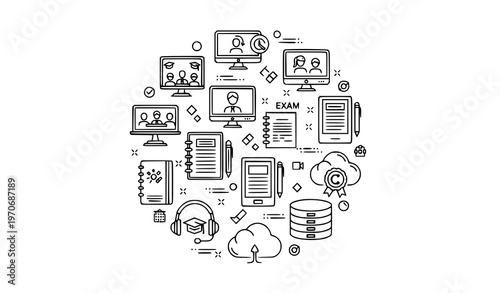 Online education and distance learning icons in circular layout editable stroke thin line vector for digital training and courses