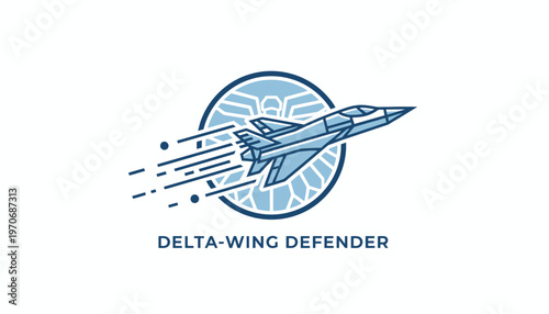 Delta Wing Jet Fighter Aircraft Emblem with Speed Lines and Geometric Shield