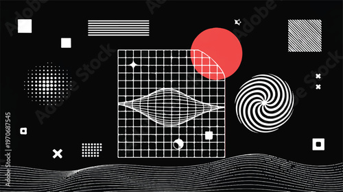 A moody urban street scene painting in a futuristic cityscape at sunset with geometric shapes and abstract designs on a grid