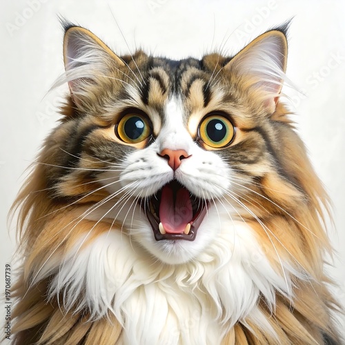 A close-up portrait of a shocked cat with its mouth open