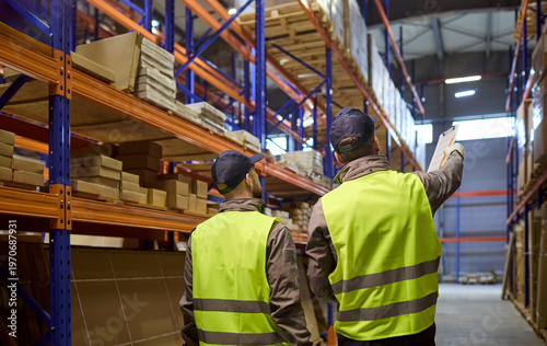 Warehouse workers perform inventory stocktaking with clipboard. They coordinate storage, check boxes and plan shipping in a modern facility. Reliable teamwork and stock control concept.