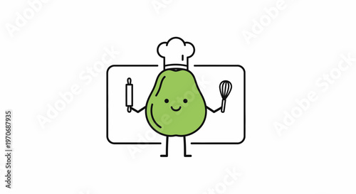 Cute Avocado Chef Character with Rolling Pin and Whisk, Healthy Food Concept