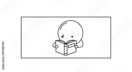 Cute Cartoon Character Reading a Book, Simple Line Art Illustration