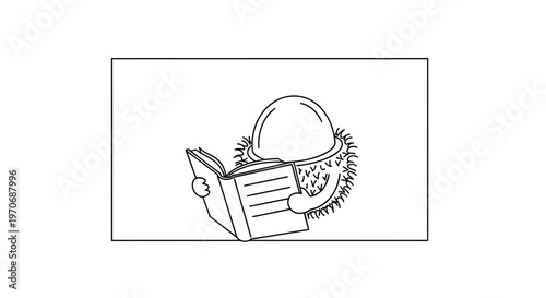 Cute cartoon chestnut character reading a book, black and white illustration