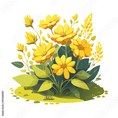 bright yellow garden flowers for park landscaping and nature environment decoration element in isometric view for mobile game scenery construction asset and design
