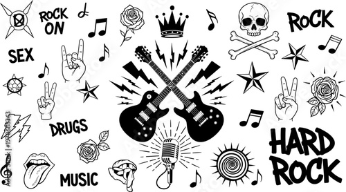Rock music icons silhouette vector illustration featuring guitars, skull, microphone, roses, lightning, hand gestures, and rebellious motifs