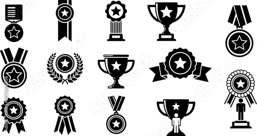Set of 16 award icons with stars, medals, trophies, and laurels for excellence, recognition, and achievement design themes