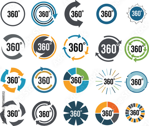 Set of 360-degree icons with arrows, radial lines, and segmented circles for panoramic view and rotation design themes