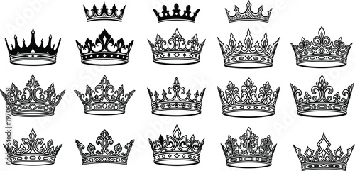 Set of 18 crown icons with ornamental styles for royalty, nobility, heraldry, and prestige-themed graphic design
