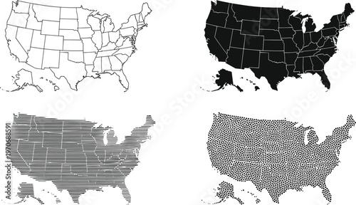 Set of four USA map icons with outline, solid fill, line pattern, and dot pattern for geographic design themes