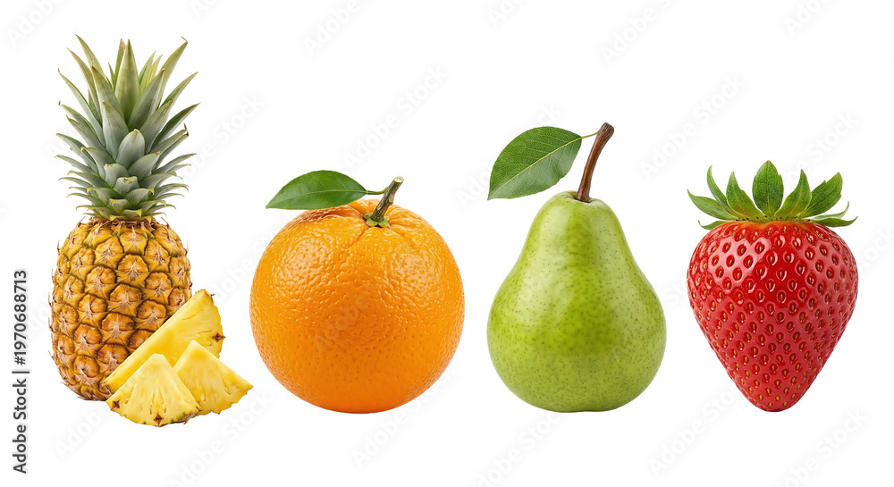 Obraz premium Fresh pineapple with slices orange green pear and strawberry isolated on white background macro shot of ripe fruit set