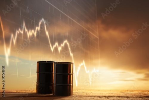 Oil barrels on a wooden surface with a stock market graph overlay at sunset