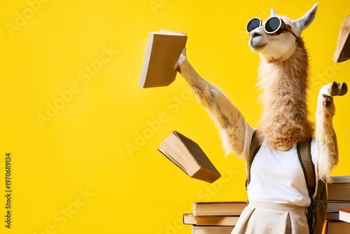 Llama wearing sunglasses holding and dropping books against yellow background