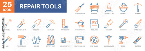 repair tools icon set, hammer, screwdriver,toolbox,safety vest, and measuring tape. Simple vector symbols for strategy and development