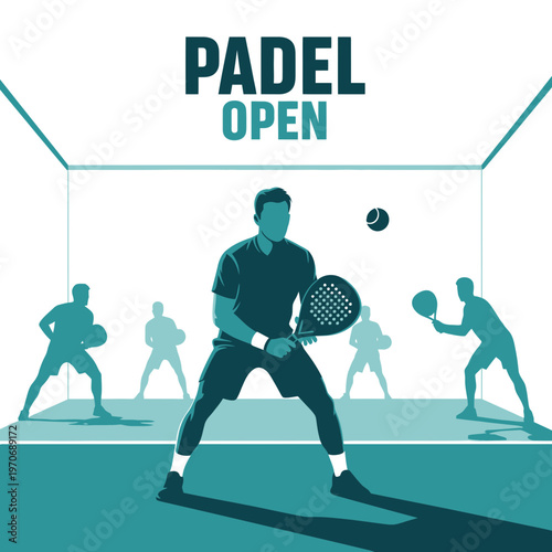 Padel Open Tournament Silhouette Illustrative Design Featuring Dynamic Players In Action