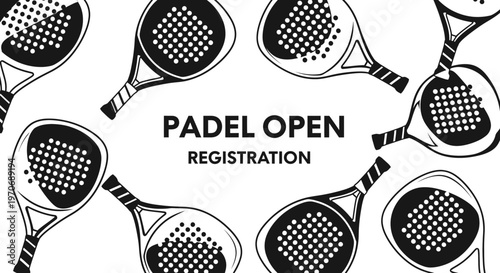 Padel Open Tournament Registration With Rackets in Modern Black and White Graphic Design