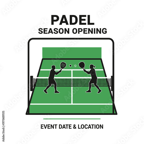 Padel Season Opening Illustration: Dynamic Silhouette Players on Green Court for Event Announcement