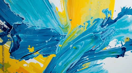 Abstract Art Painting with Blue, Yellow, and White Colors.