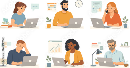 Flat design illustration of diverse people working on laptops in home office environments