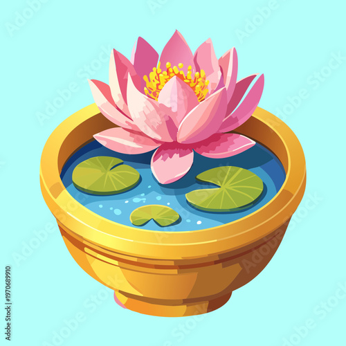Water lily in wooden tub for garden pond decoration aquatic plant for landscape architecture and nature conservation project design element for digital art